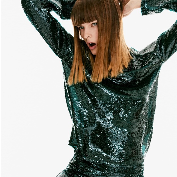 ZARA Sequin High Neck Top Green - Picture 8 of 8